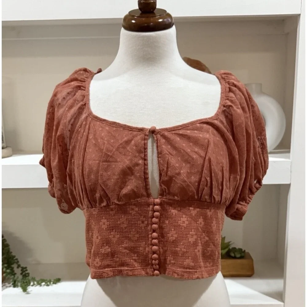 Free People Puff Sleeve‎ Top Women's Small Orange Blouse Boho Style